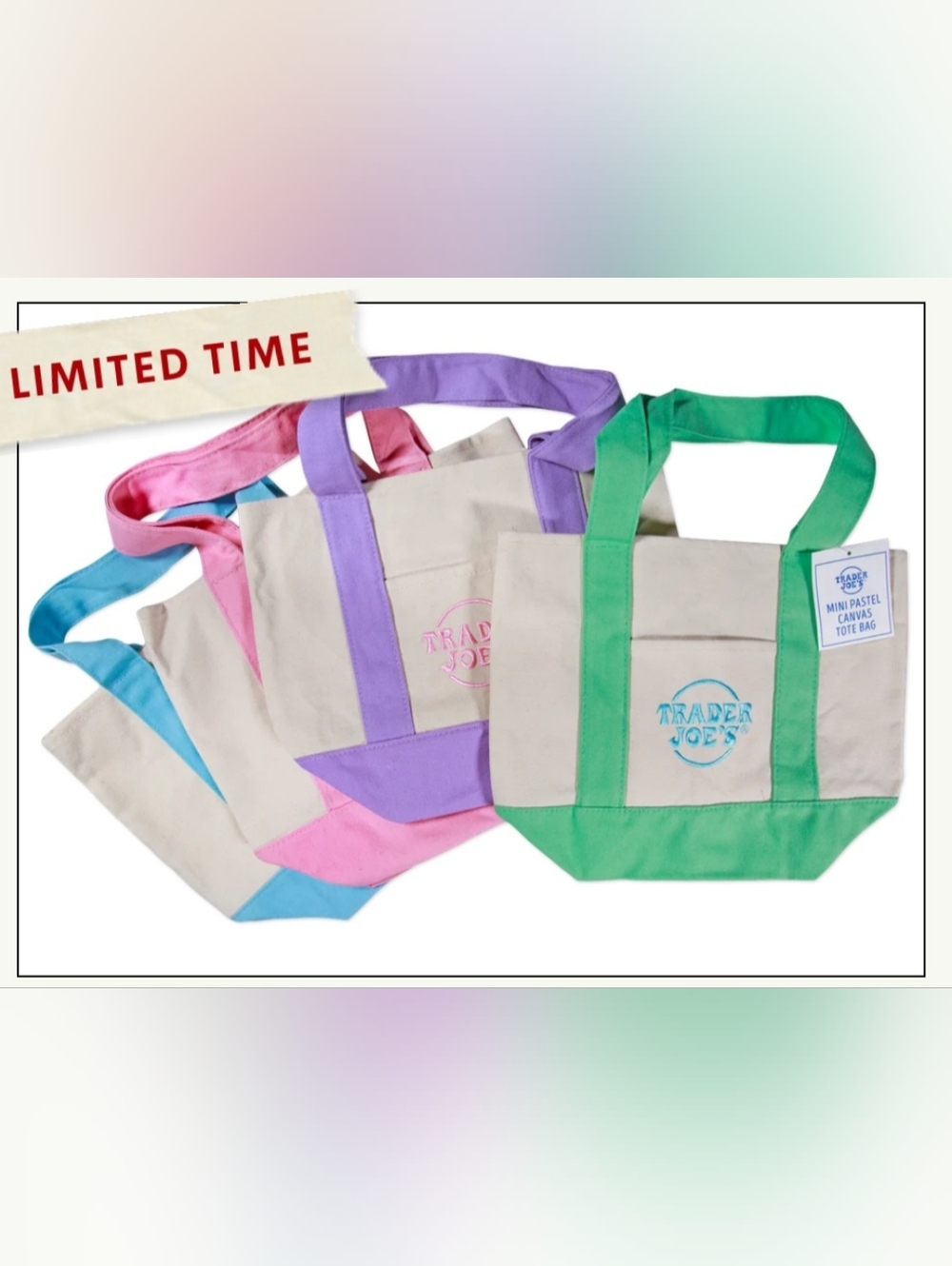Set of 4 Trader Joe's Mini Pastel Canvas Totes